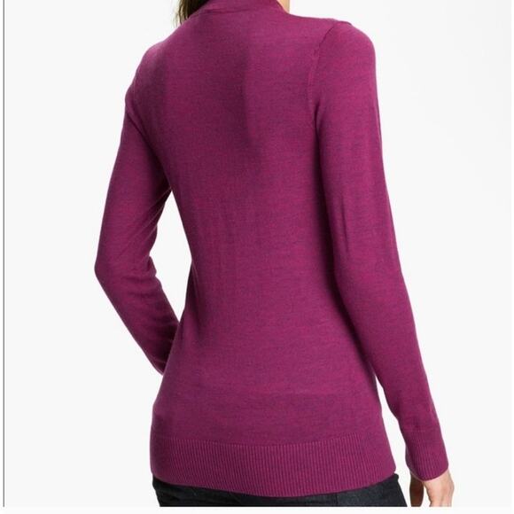 Tory Burch Simone Merino Wool Cardigan M Magenta Gold Logo Button Luxury Preppy - Picture 10 of 11